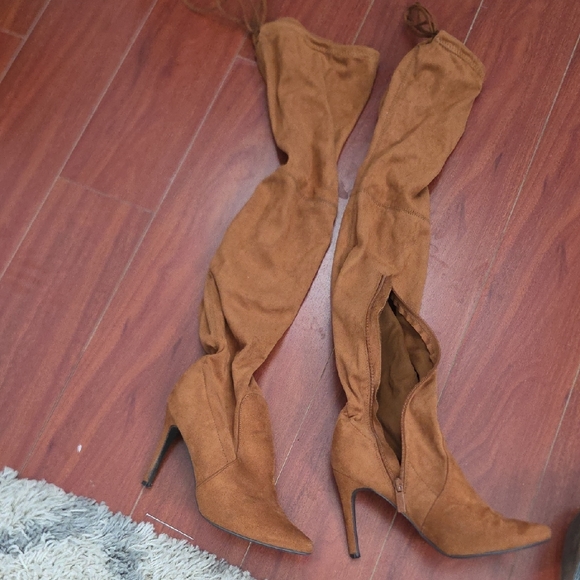 Shoes - Women's Over-the-Knee Suede Pointed-Toe Stiletto Boots - Tan